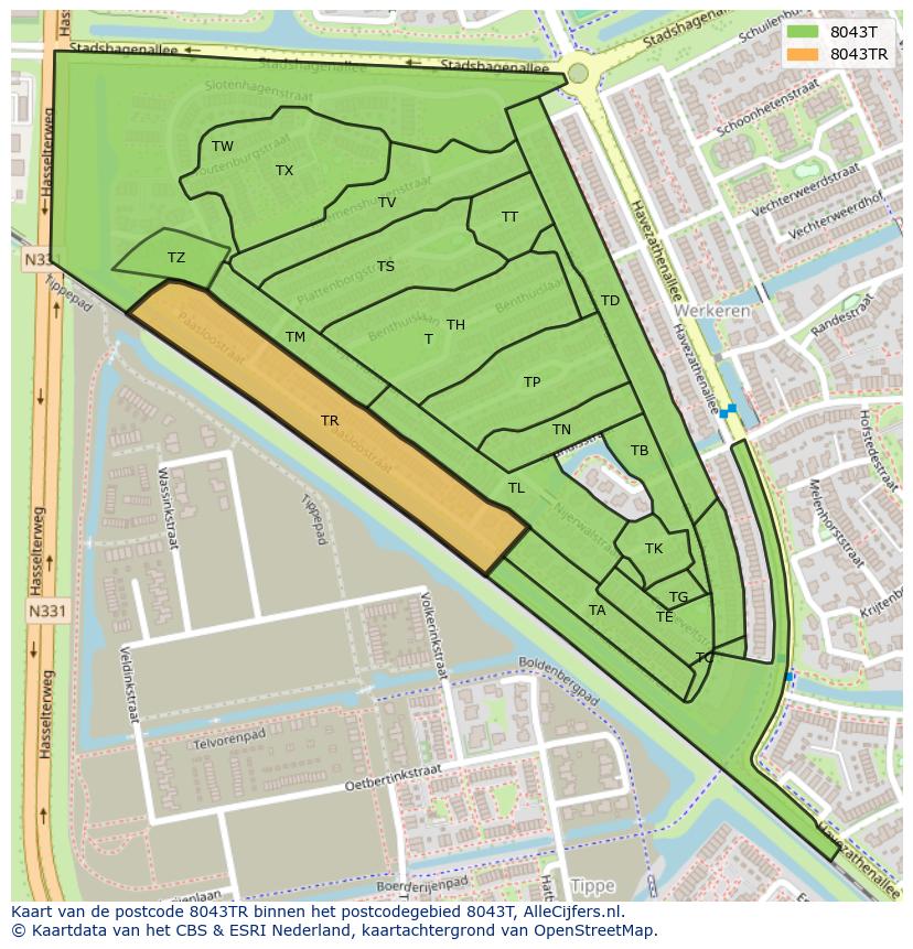 Afbeelding van het postcodegebied 8043 TR op de kaart.