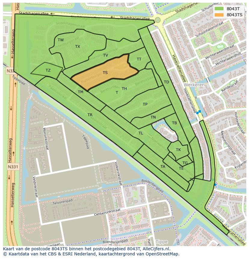 Afbeelding van het postcodegebied 8043 TS op de kaart.