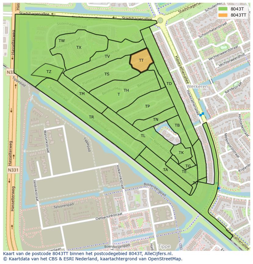Afbeelding van het postcodegebied 8043 TT op de kaart.