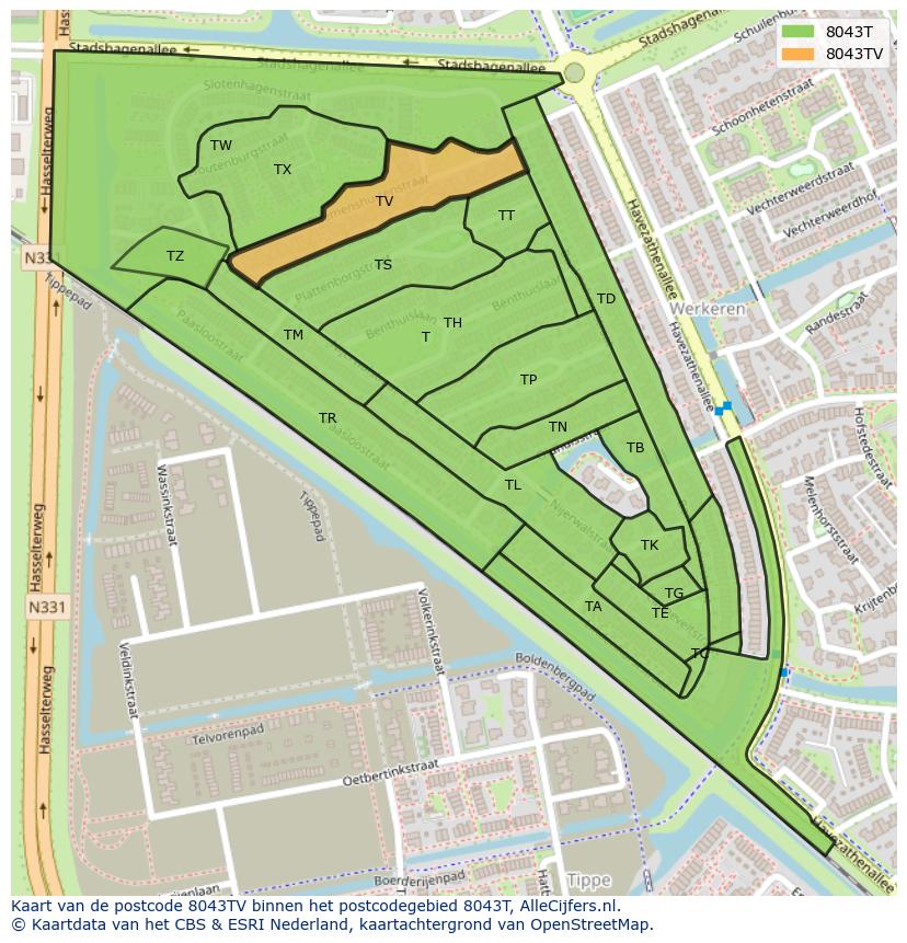 Afbeelding van het postcodegebied 8043 TV op de kaart.