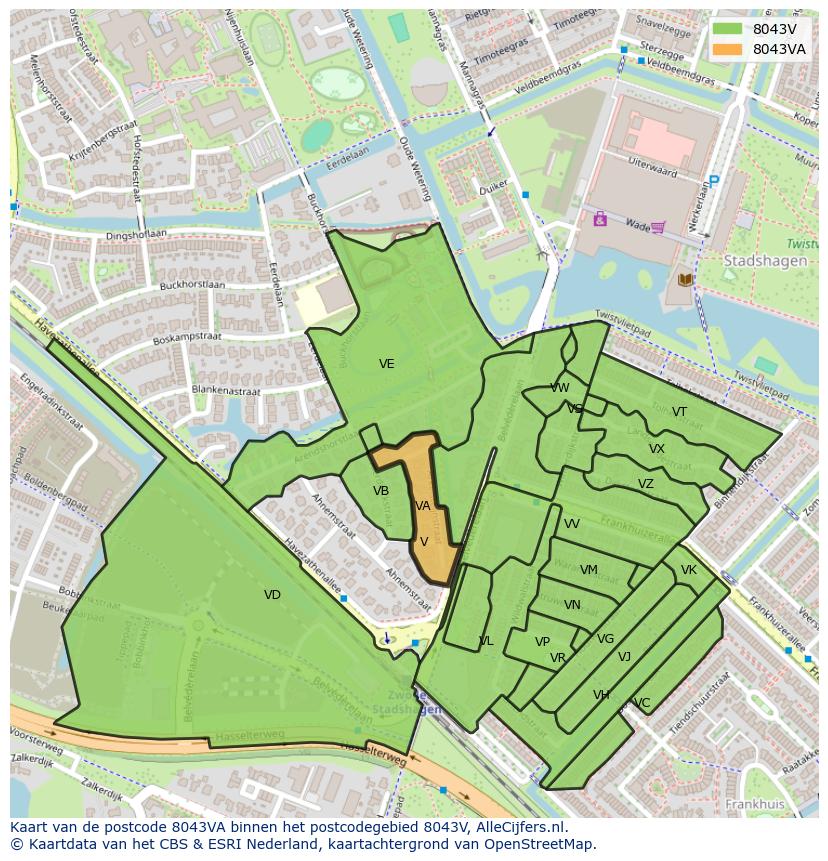 Afbeelding van het postcodegebied 8043 VA op de kaart.