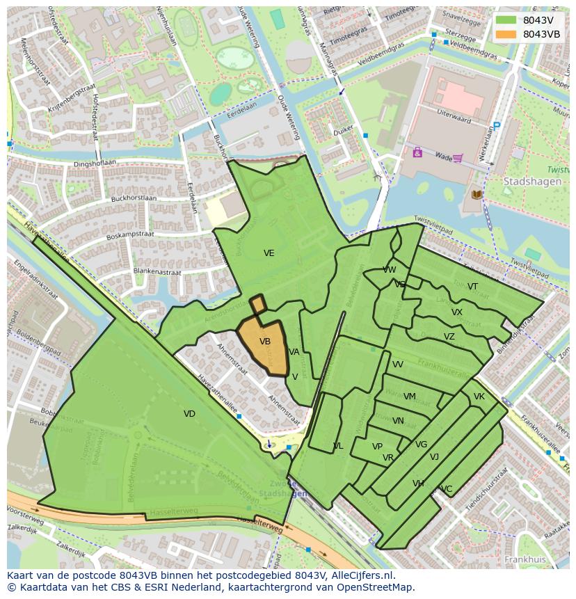 Afbeelding van het postcodegebied 8043 VB op de kaart.