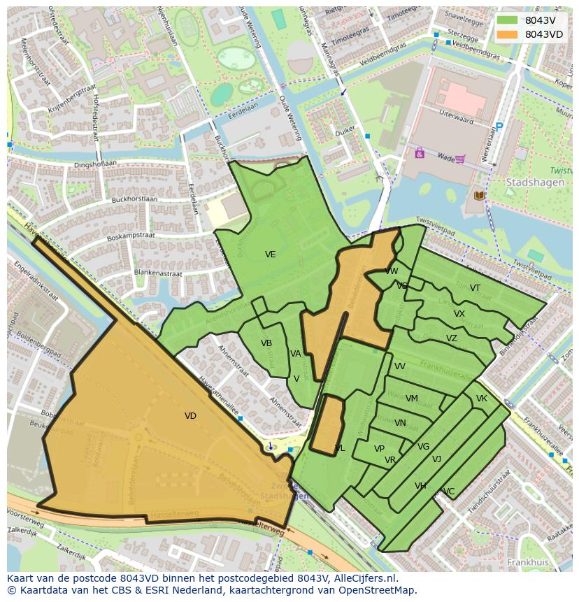 Afbeelding van het postcodegebied 8043 VD op de kaart.