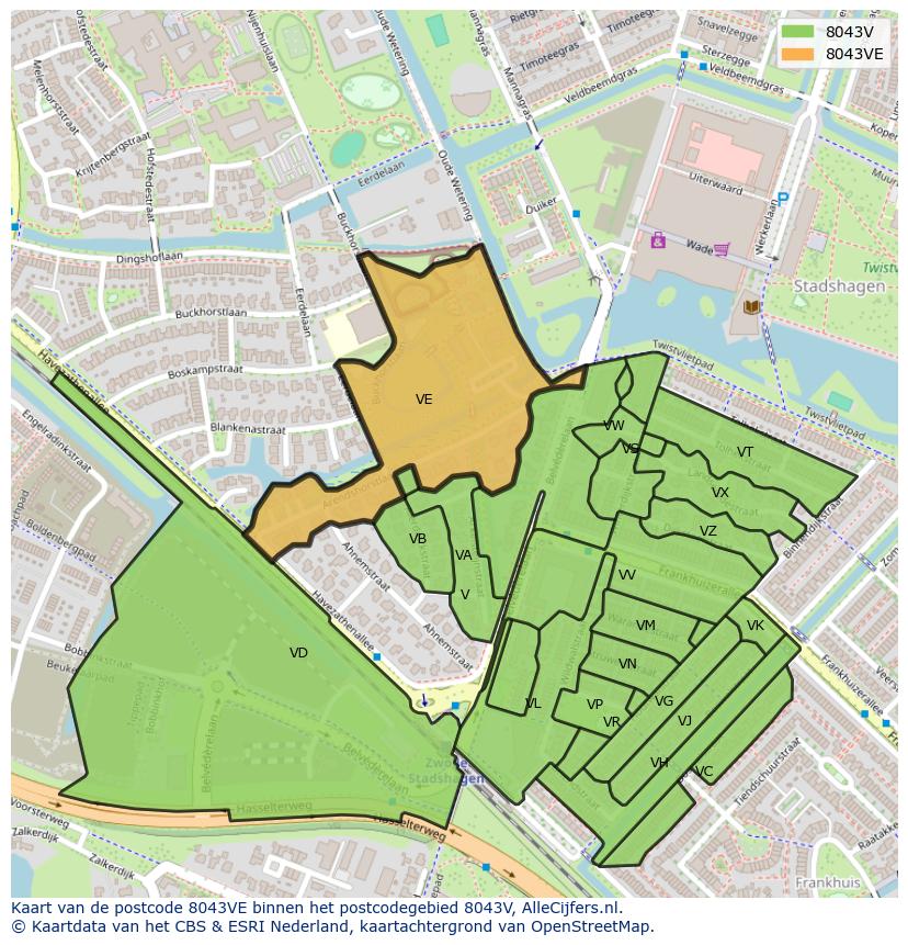 Afbeelding van het postcodegebied 8043 VE op de kaart.