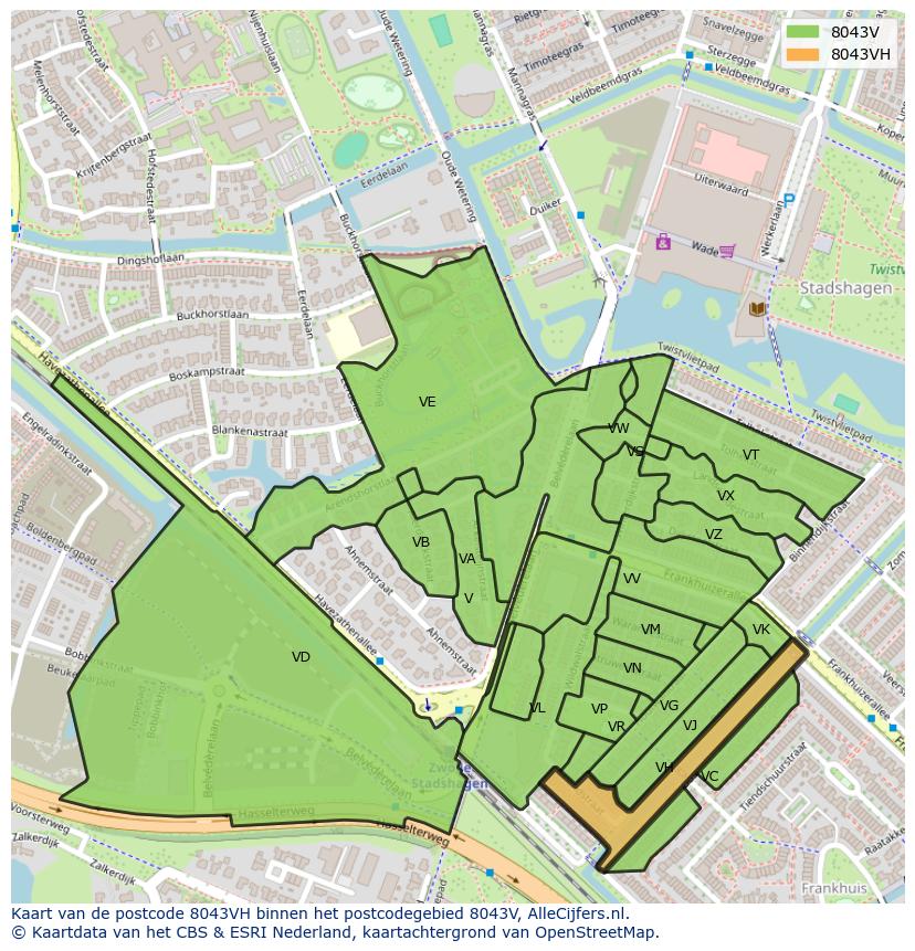 Afbeelding van het postcodegebied 8043 VH op de kaart.