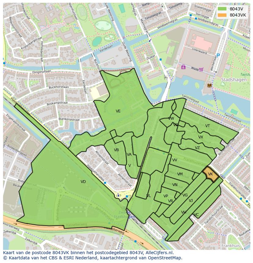 Afbeelding van het postcodegebied 8043 VK op de kaart.