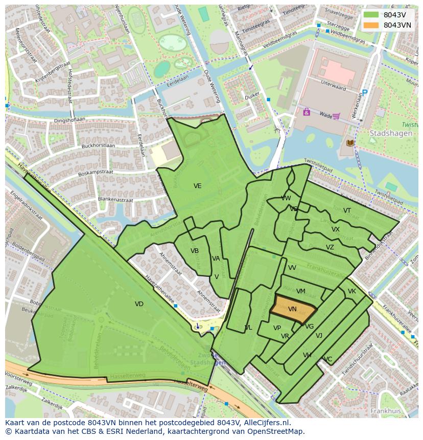 Afbeelding van het postcodegebied 8043 VN op de kaart.