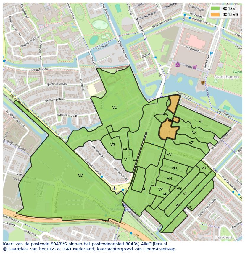 Afbeelding van het postcodegebied 8043 VS op de kaart.