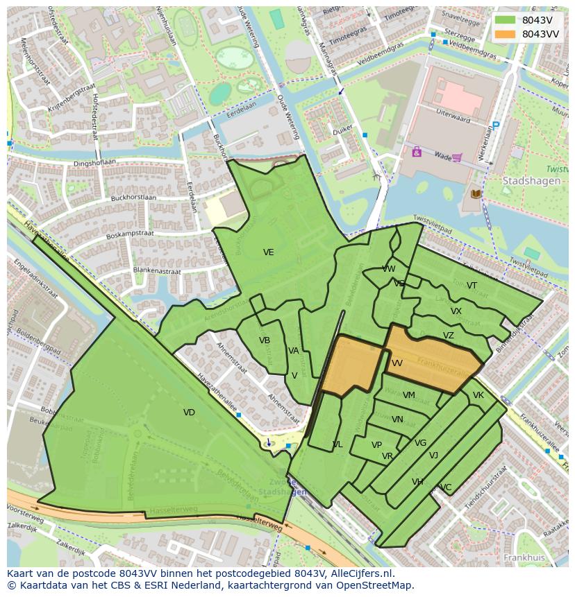 Afbeelding van het postcodegebied 8043 VV op de kaart.