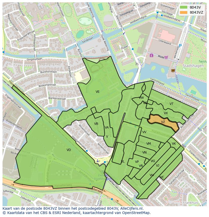 Afbeelding van het postcodegebied 8043 VZ op de kaart.