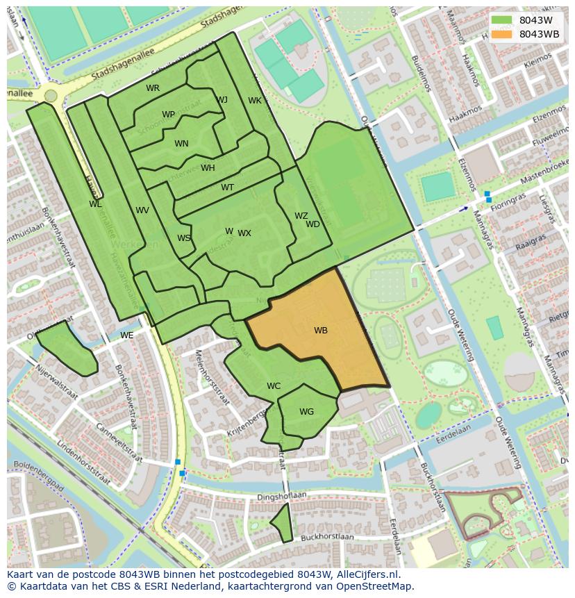 Afbeelding van het postcodegebied 8043 WB op de kaart.