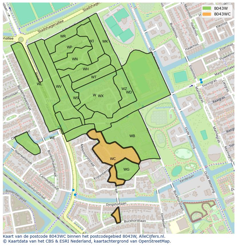 Afbeelding van het postcodegebied 8043 WC op de kaart.