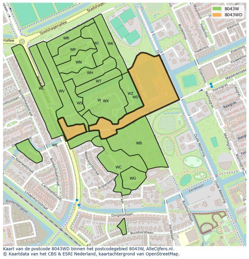 Afbeelding van het postcodegebied 8043 WD op de kaart.