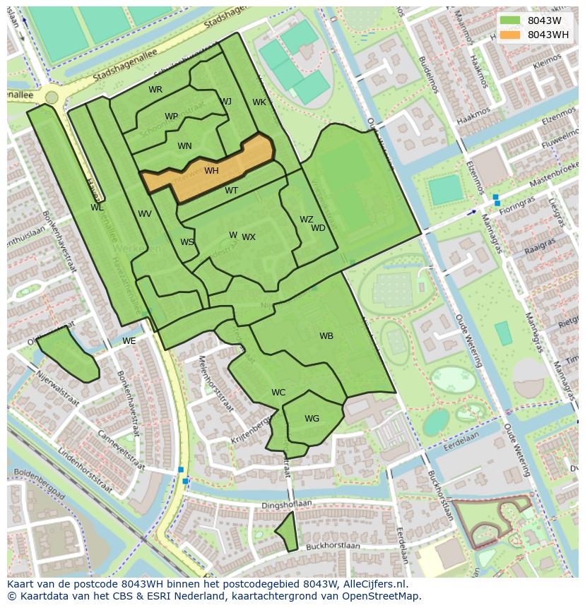 Afbeelding van het postcodegebied 8043 WH op de kaart.
