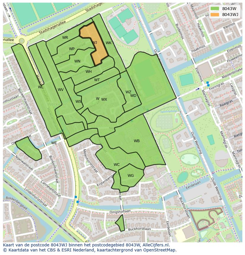 Afbeelding van het postcodegebied 8043 WJ op de kaart.