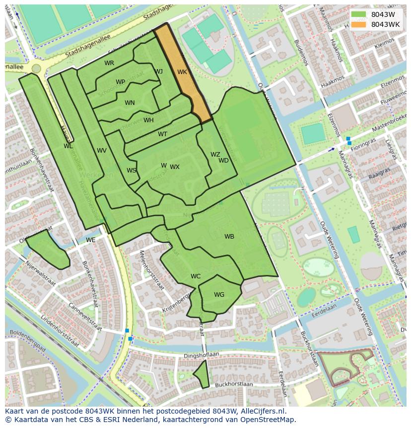 Afbeelding van het postcodegebied 8043 WK op de kaart.