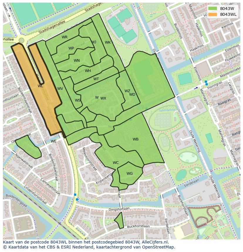 Afbeelding van het postcodegebied 8043 WL op de kaart.