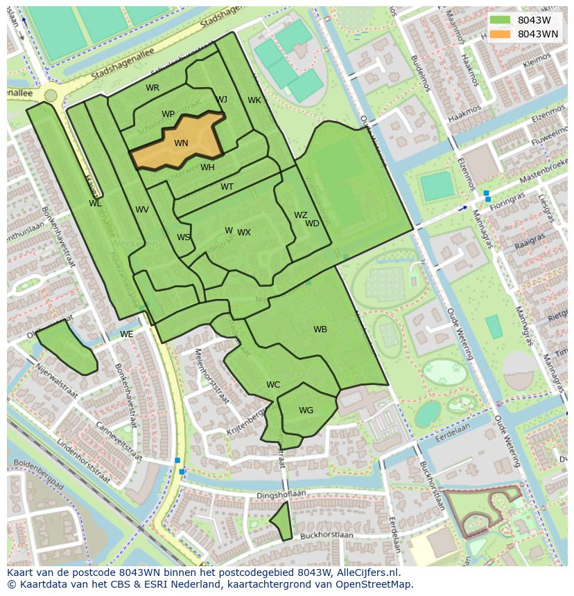 Afbeelding van het postcodegebied 8043 WN op de kaart.