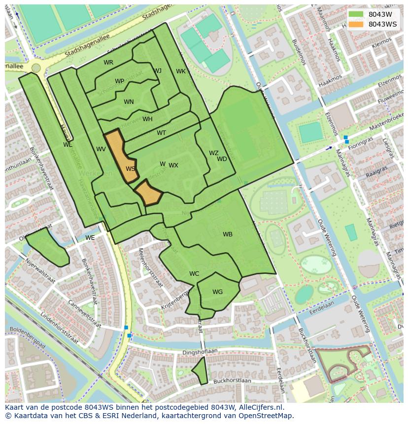 Afbeelding van het postcodegebied 8043 WS op de kaart.