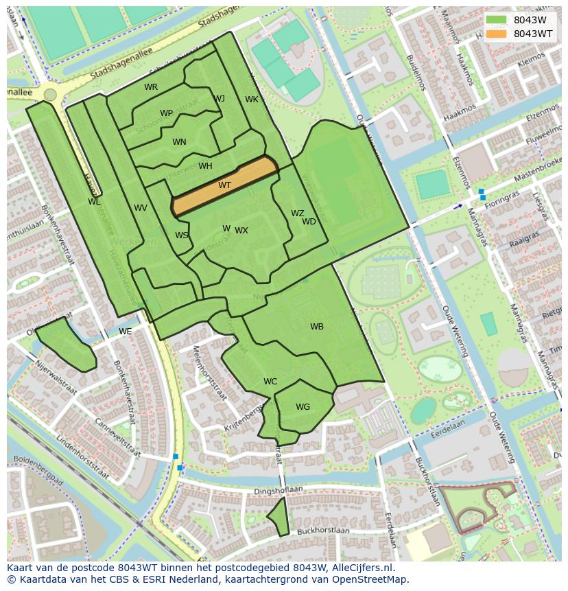 Afbeelding van het postcodegebied 8043 WT op de kaart.