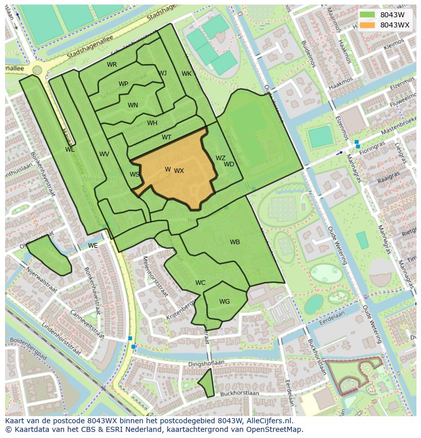 Afbeelding van het postcodegebied 8043 WX op de kaart.