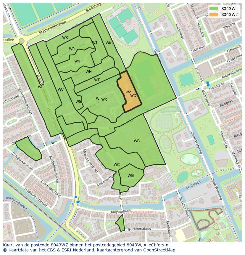 Afbeelding van het postcodegebied 8043 WZ op de kaart.