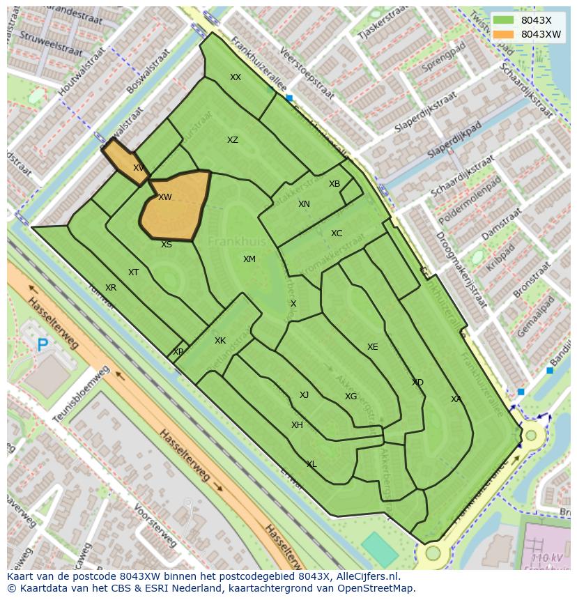 Afbeelding van het postcodegebied 8043 XW op de kaart.
