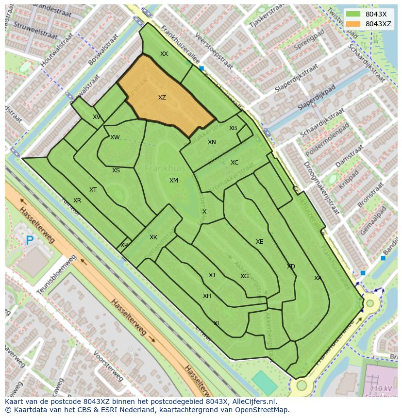 Afbeelding van het postcodegebied 8043 XZ op de kaart.