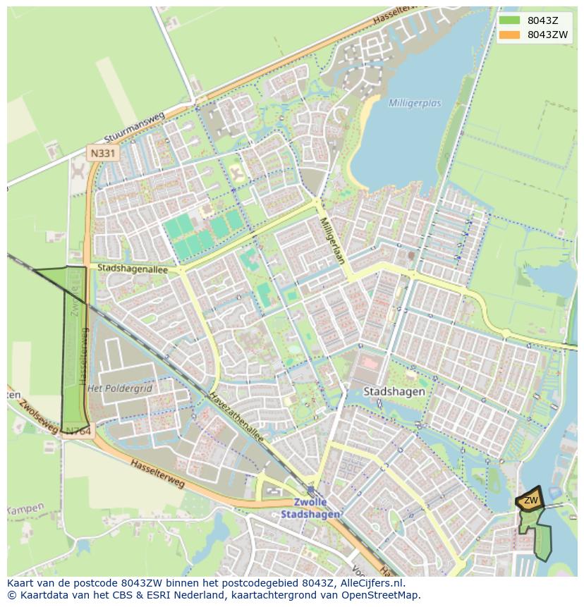 Afbeelding van het postcodegebied 8043 ZW op de kaart.