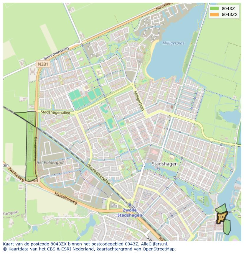 Afbeelding van het postcodegebied 8043 ZX op de kaart.