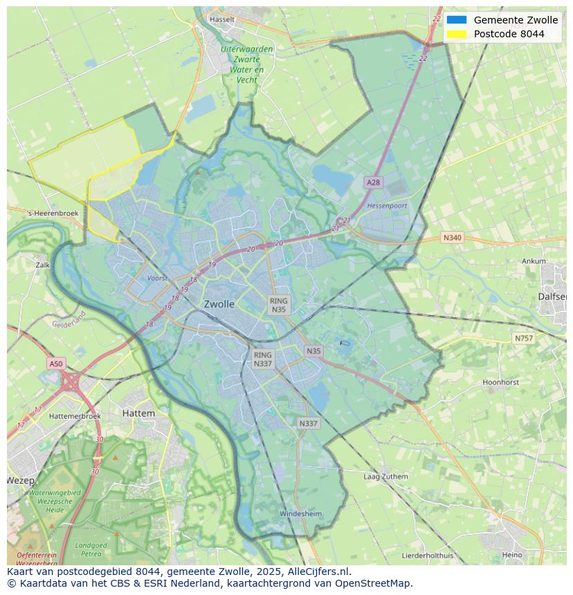 Afbeelding van het postcodegebied 8044 op de kaart.