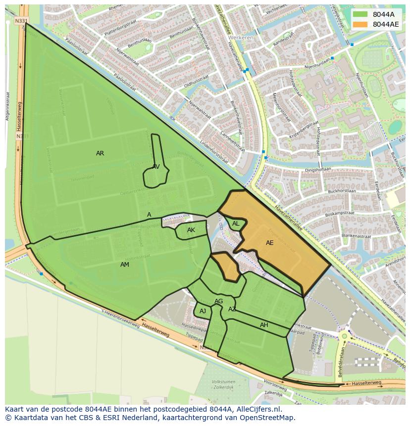 Afbeelding van het postcodegebied 8044 AE op de kaart.