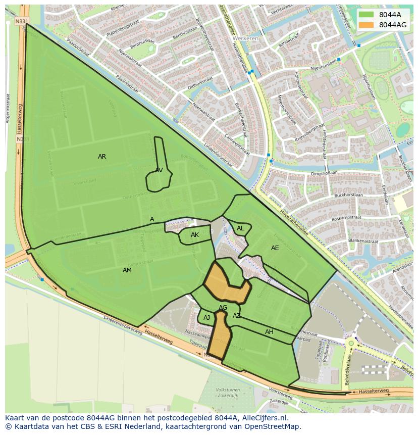 Afbeelding van het postcodegebied 8044 AG op de kaart.