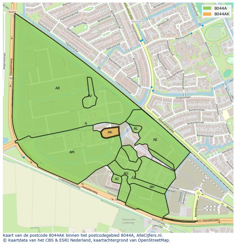 Afbeelding van het postcodegebied 8044 AK op de kaart.