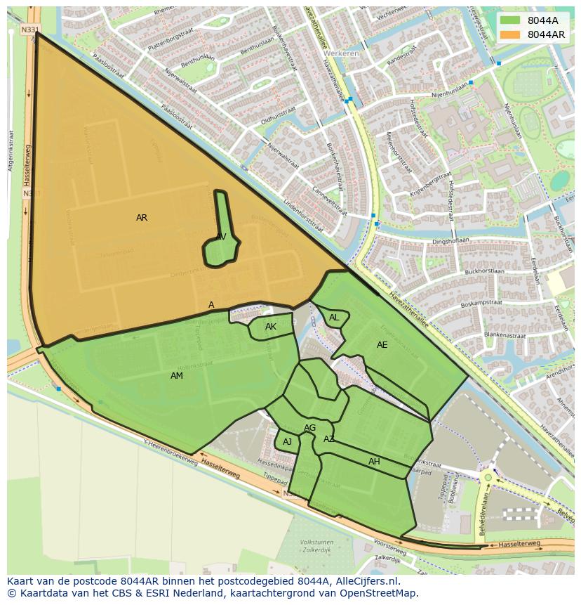 Afbeelding van het postcodegebied 8044 AR op de kaart.