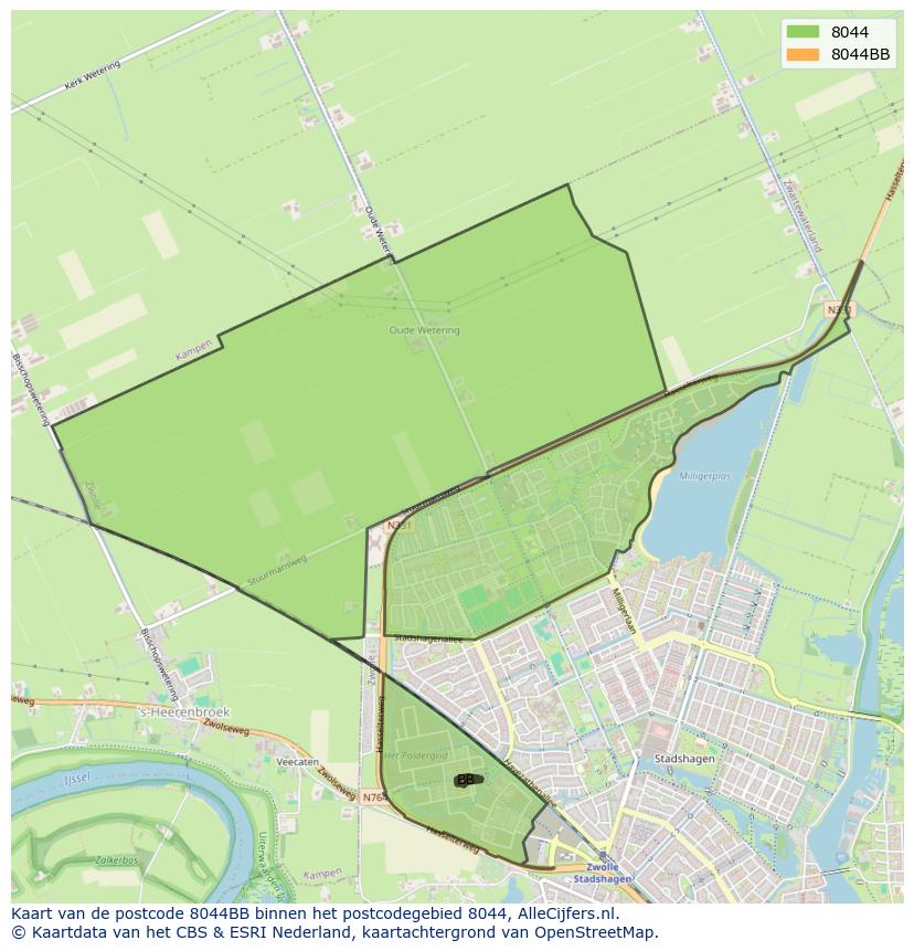 Afbeelding van het postcodegebied 8044 BB op de kaart.