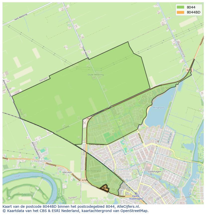 Afbeelding van het postcodegebied 8044 BD op de kaart.