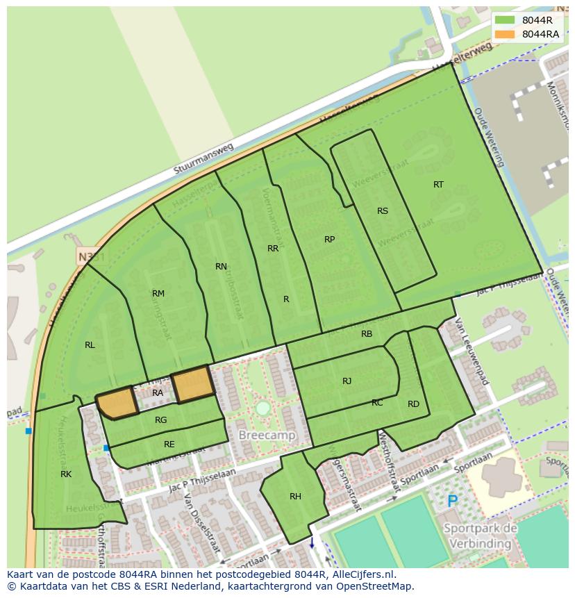 Afbeelding van het postcodegebied 8044 RA op de kaart.