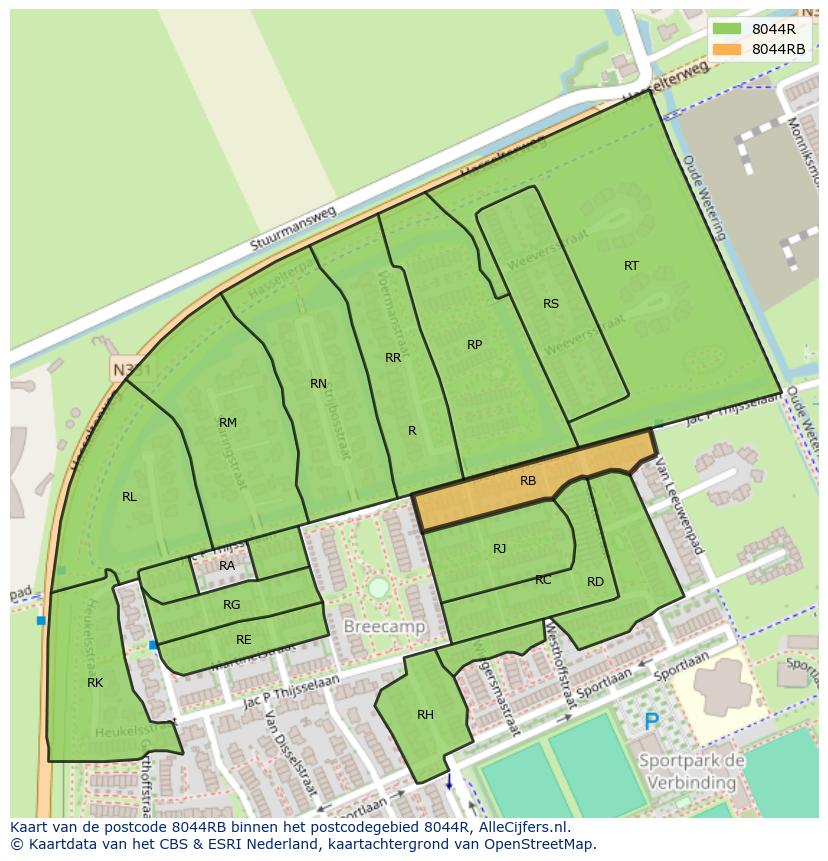 Afbeelding van het postcodegebied 8044 RB op de kaart.