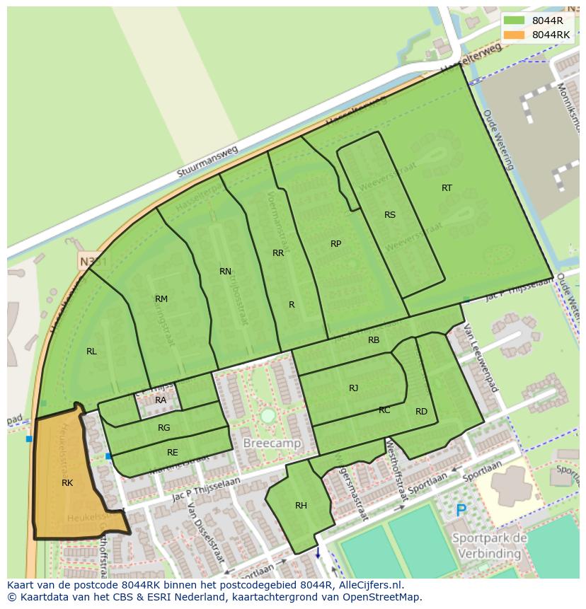 Afbeelding van het postcodegebied 8044 RK op de kaart.