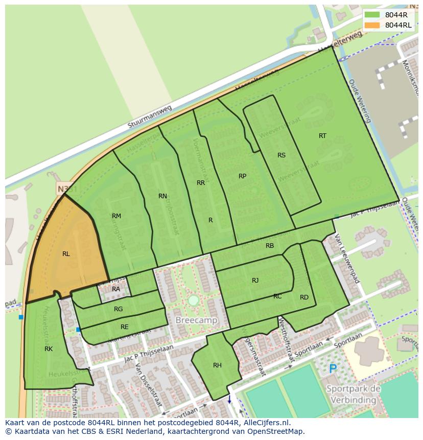 Afbeelding van het postcodegebied 8044 RL op de kaart.