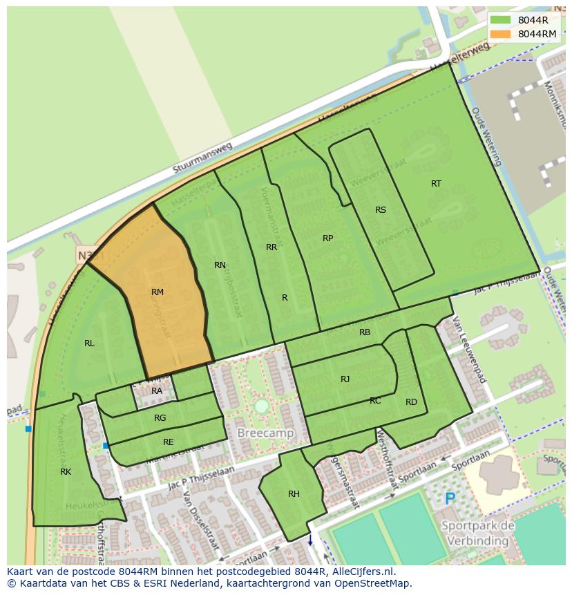 Afbeelding van het postcodegebied 8044 RM op de kaart.