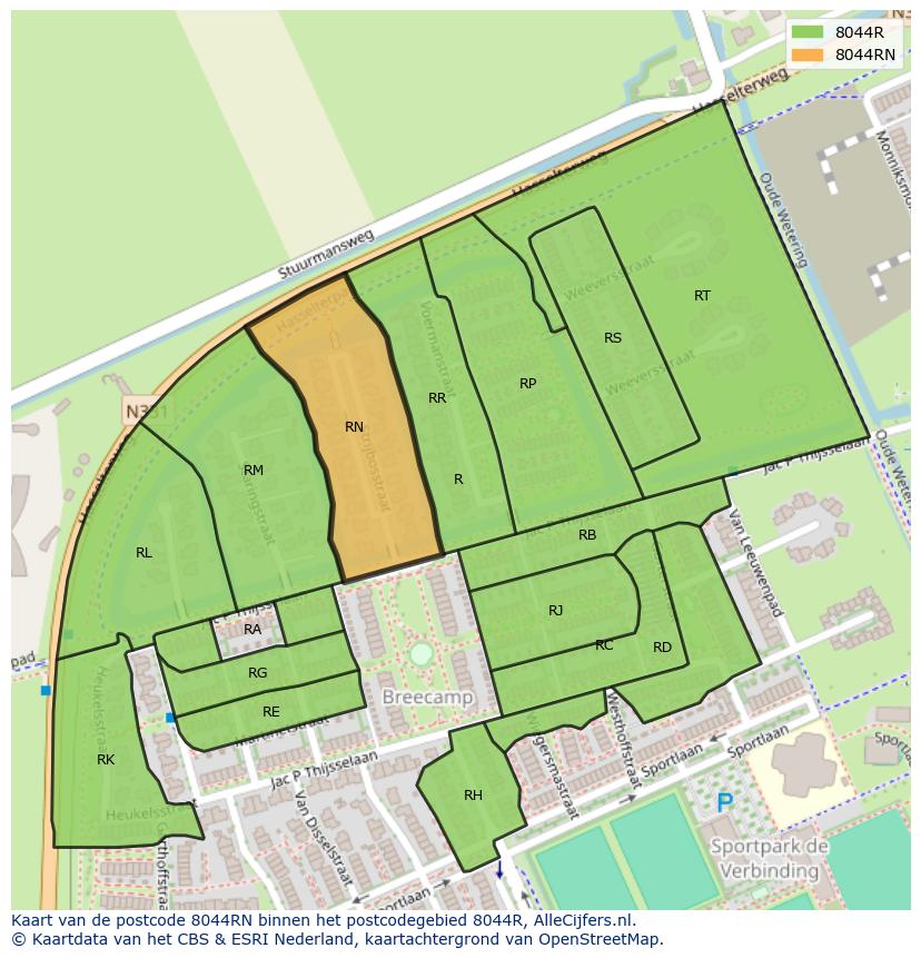 Afbeelding van het postcodegebied 8044 RN op de kaart.