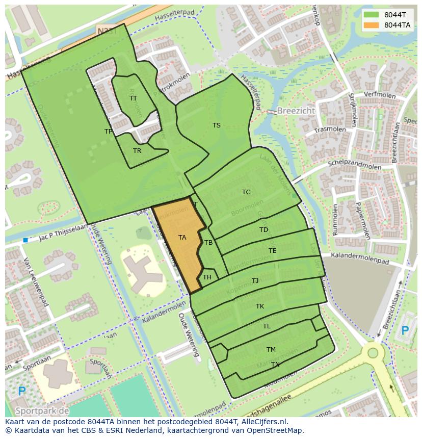 Afbeelding van het postcodegebied 8044 TA op de kaart.