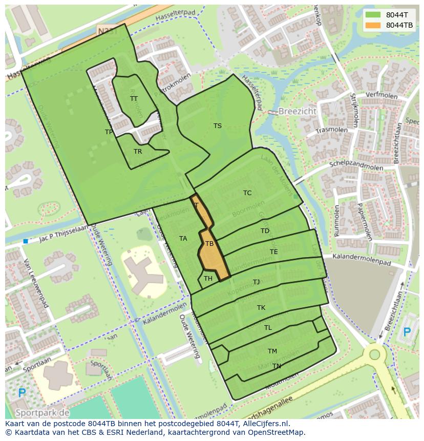 Afbeelding van het postcodegebied 8044 TB op de kaart.
