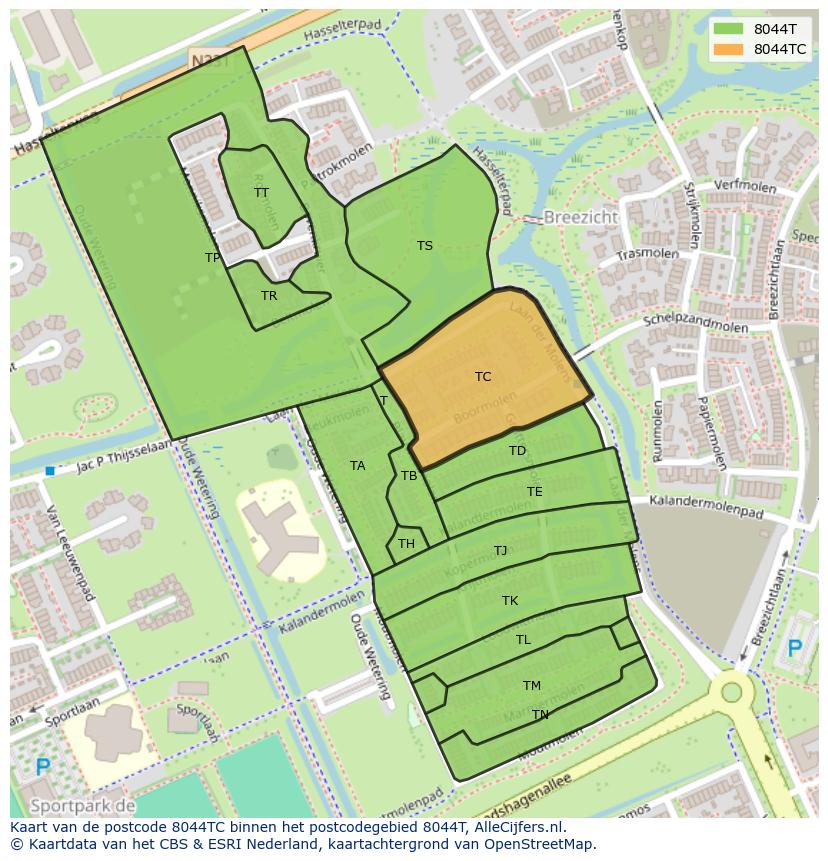 Afbeelding van het postcodegebied 8044 TC op de kaart.