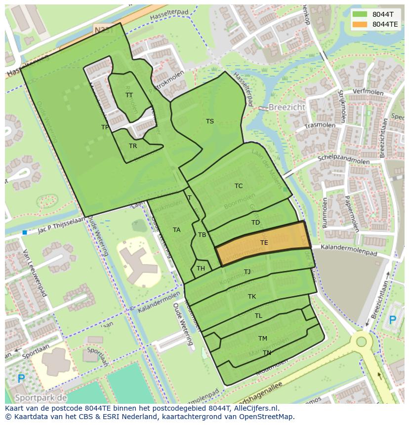 Afbeelding van het postcodegebied 8044 TE op de kaart.