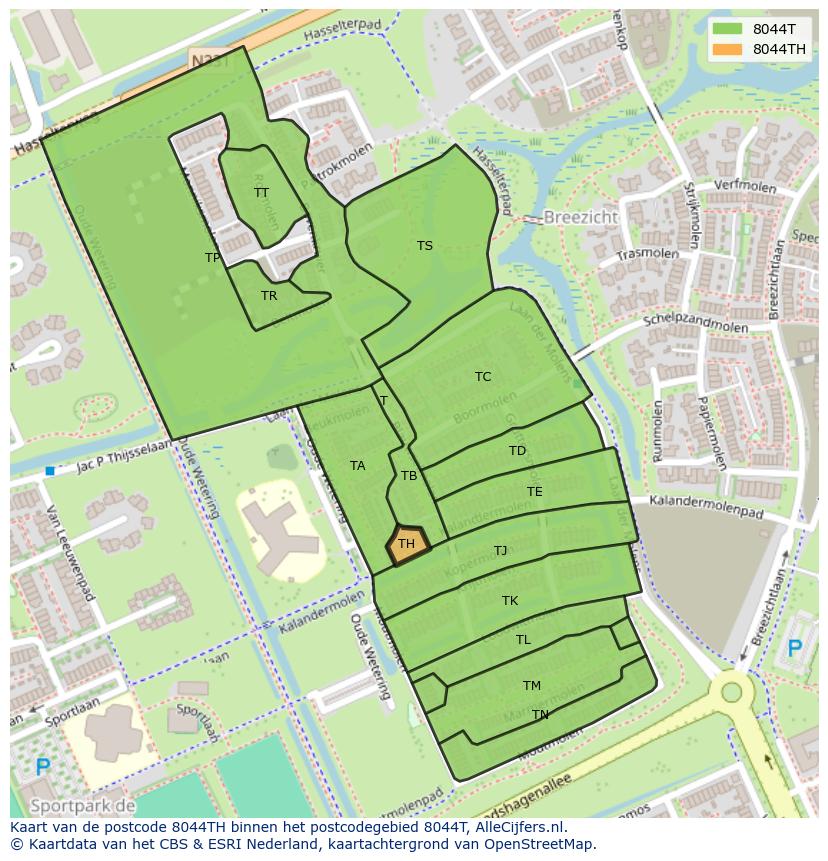 Afbeelding van het postcodegebied 8044 TH op de kaart.