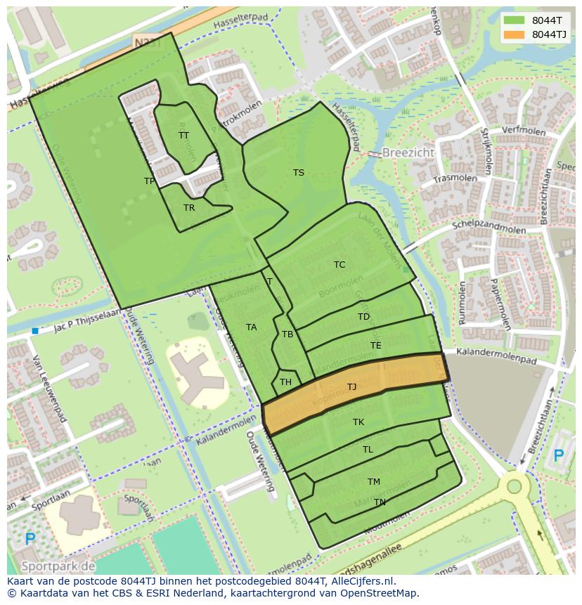 Afbeelding van het postcodegebied 8044 TJ op de kaart.