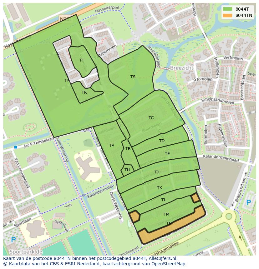 Afbeelding van het postcodegebied 8044 TN op de kaart.